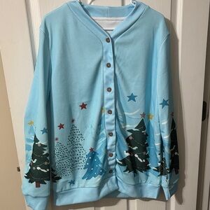 Festive Blue Cardigan with Tree Design size medium